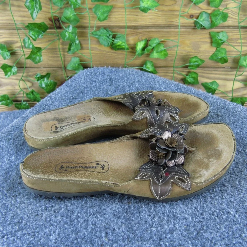 Hush Puppies Women's Brown Leather Floral Slip-On Flip Flop Sandals Size‎ 8 M
